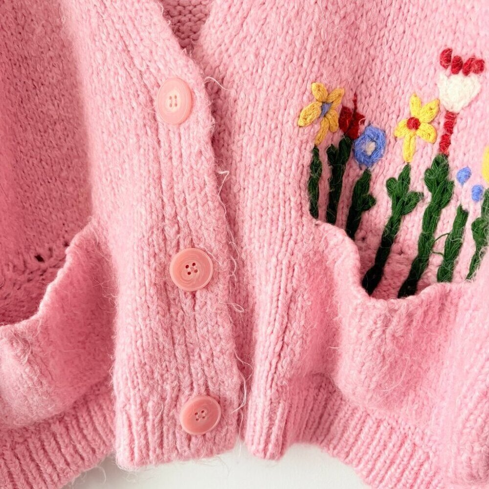 Zara Floral Fuzzy Chunky Knit Cardigan Sweater Pink Size Large - Picture 5 of 8